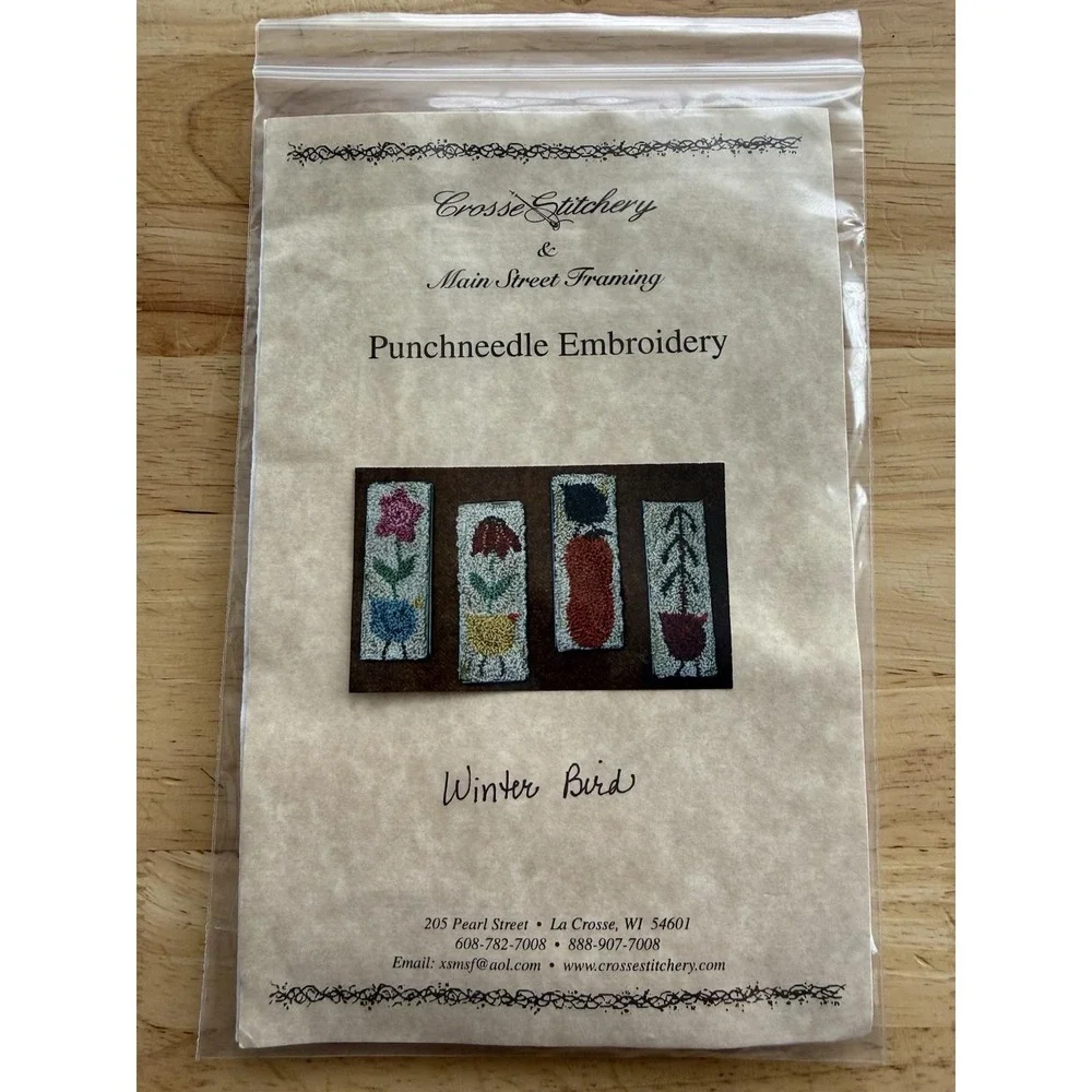 WINTER‎ BIRD Crosse Stitchery Punch Needle Embroidery w Fabric & Tin Pin Pack